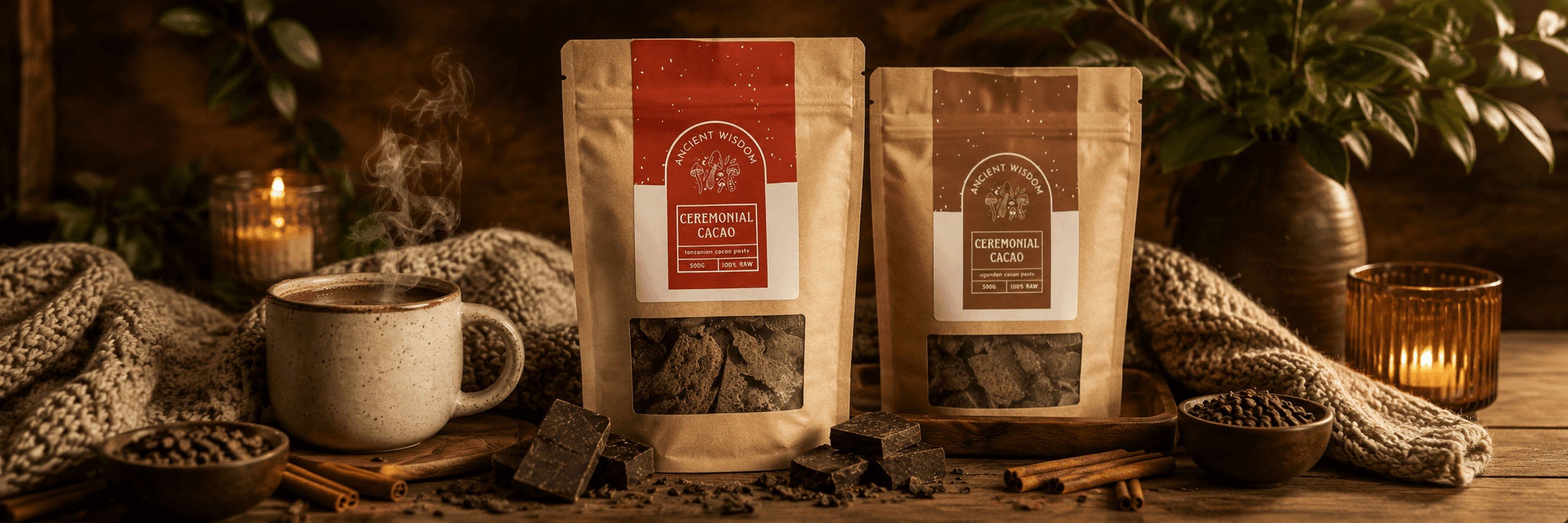 Ancient Wisdom cacao sale with cacao paste and a warm cup of cacao.
