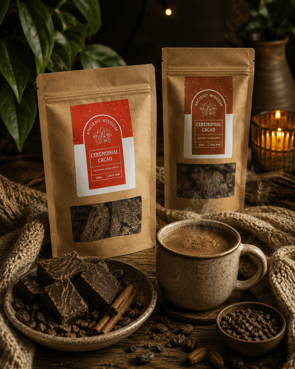 Ancient Wisdom cacao sale with cacao paste and a warm cup of cacao.