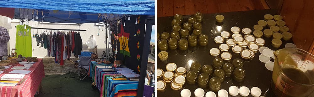 Cosmic Bazaar's first markets — the clothing stall and our first batches of Canna Salve.