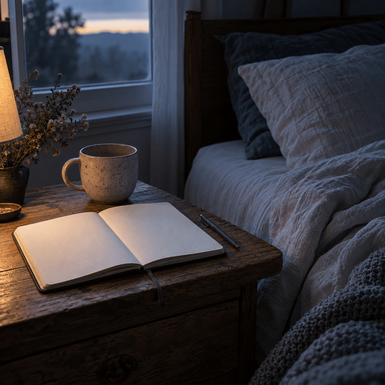 An open blank notebook, pen and empty ceramic cup beside an unmade bed in the first light of morning.