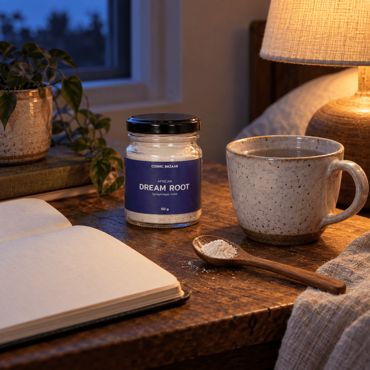 African Dream Root jar beside a ceramic cup, a small spoon of powder and an open notebook at blue hour.