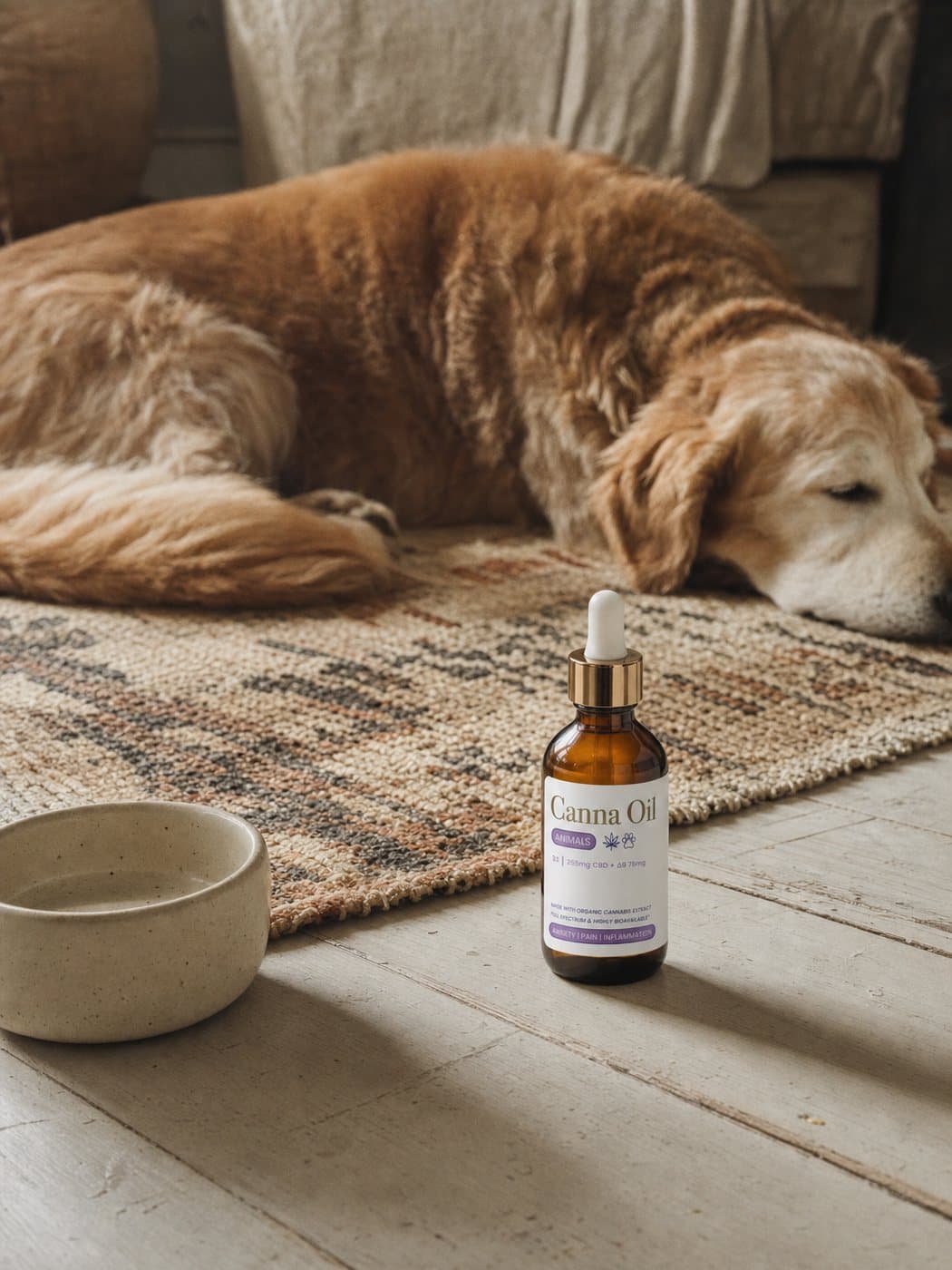 An old golden-brown dog asleep on a worn rug, the bottle standing on the floorboards in front of it beside a plain ceramic pet bowl.