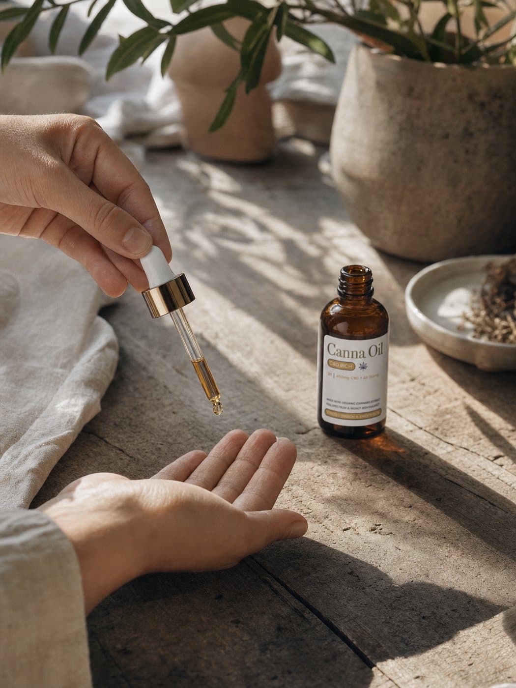 A hand holding the glass pipette above an open palm outdoors, the bottle standing on weathered timber beside them.