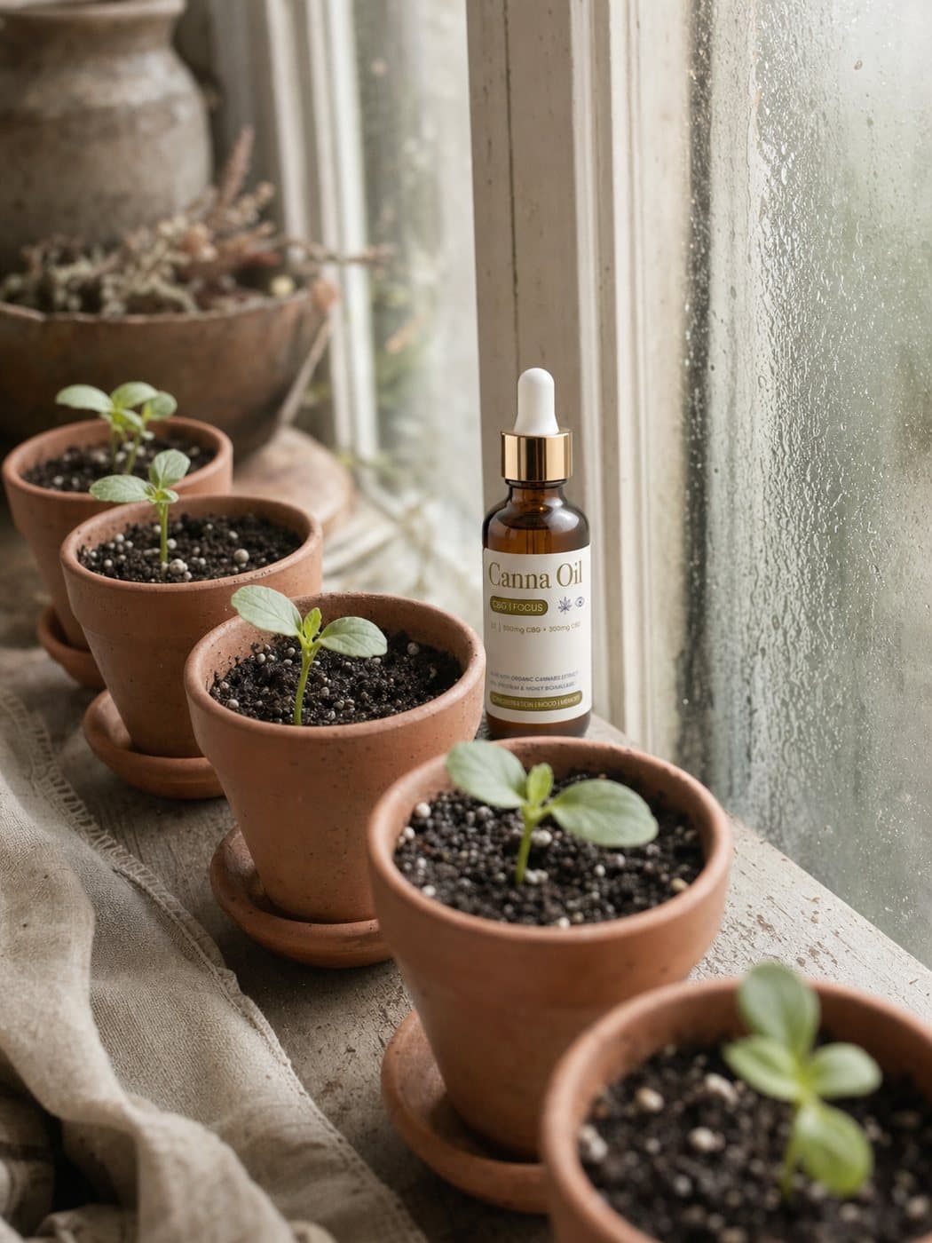 A row of small terracotta pots of young seedlings on a windowsill in early light, the bottle standing among them.
