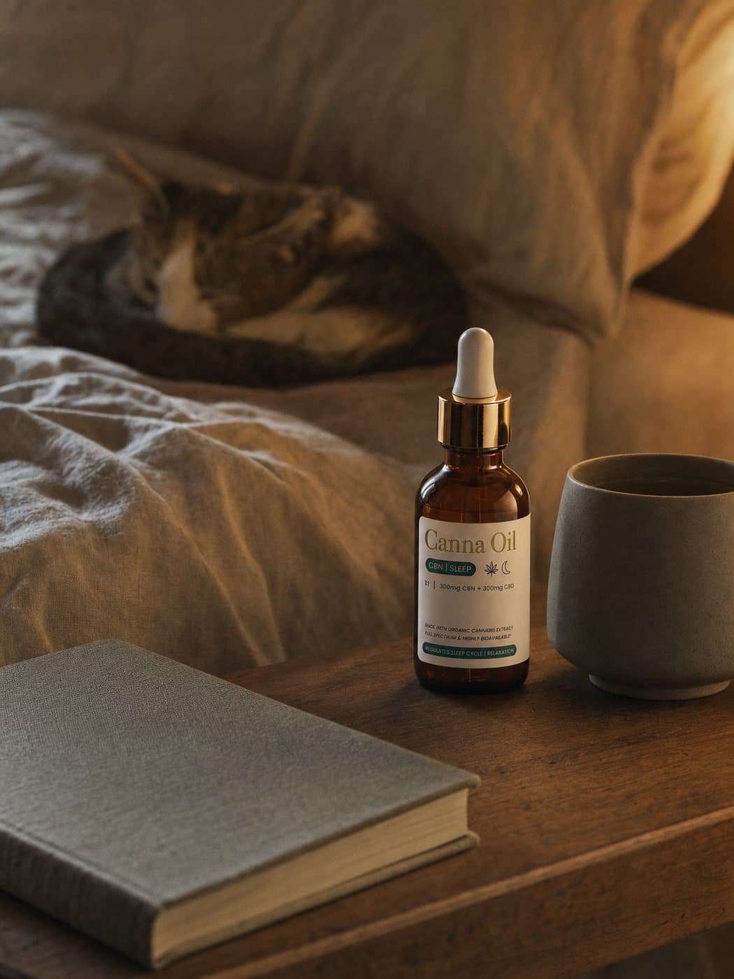 A bedside table at night under one warm lamp, the bottle beside a ceramic cup and a book, a cat asleep on the rumpled bed behind.