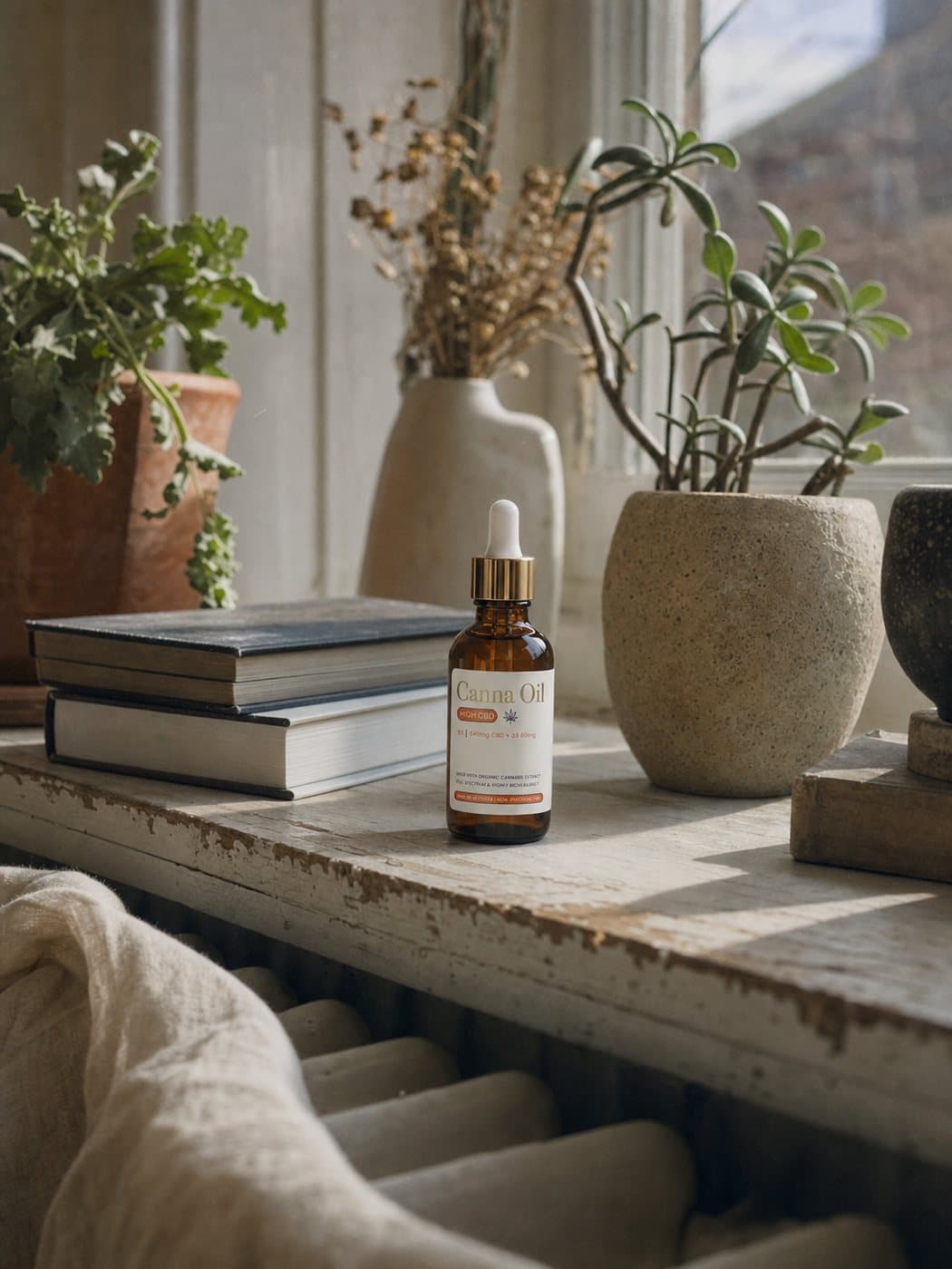 A wide windowsill in morning light, the bottle among potted plants and a stack of books.