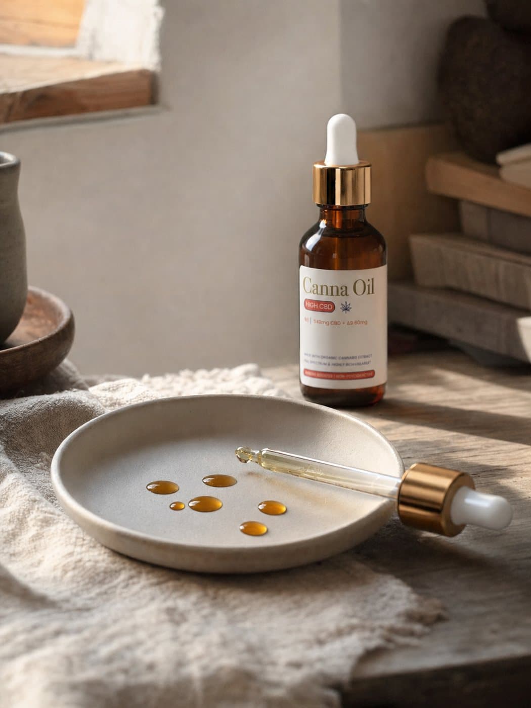 A shallow ceramic dish holding a handful of counted beads of amber oil, the glass pipette resting across its rim, the bottle standing behind and softly out of focus.