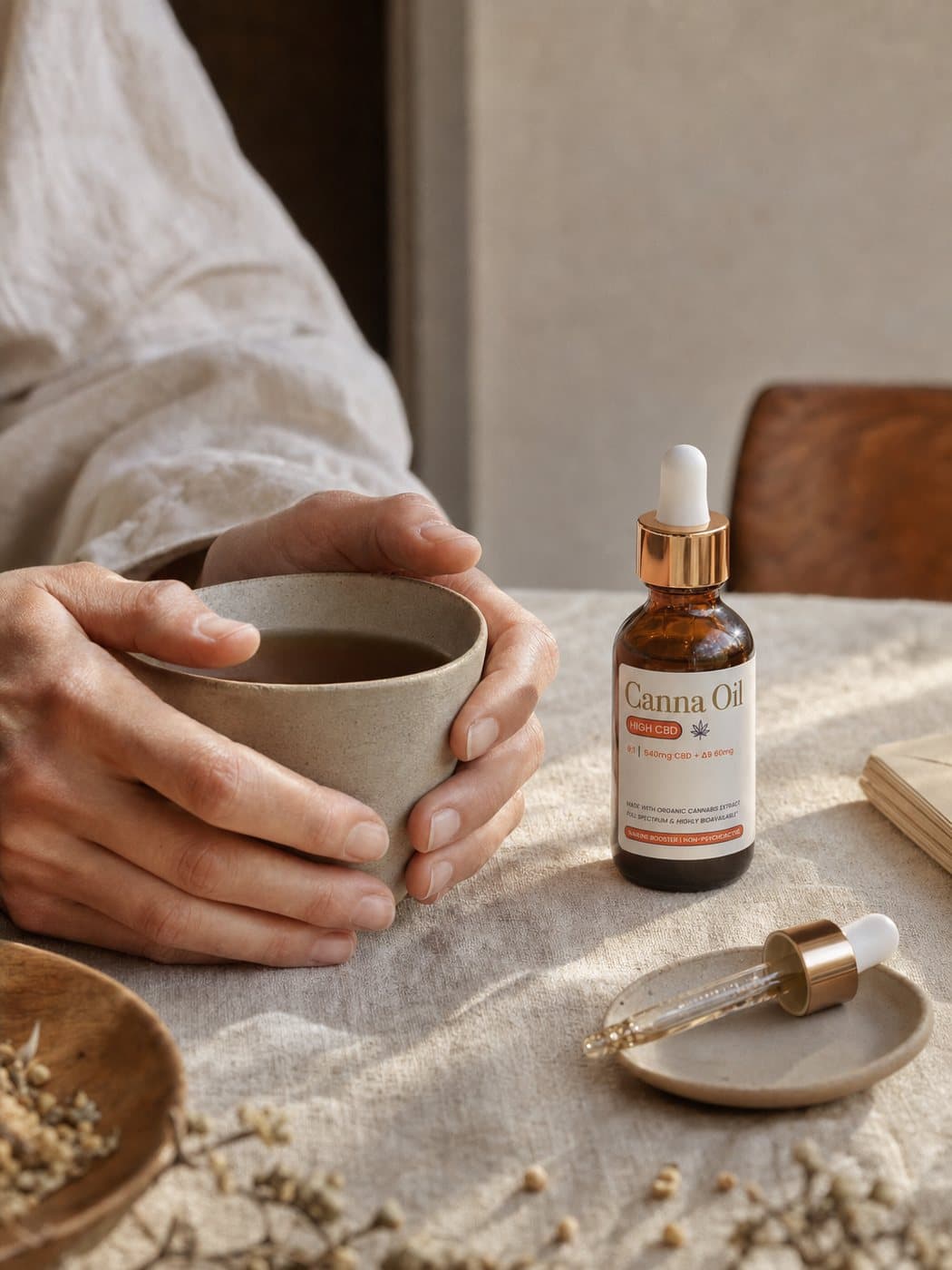 Two hands wrapped around a cup of tea on a linen-covered table, the bottle standing beside it.