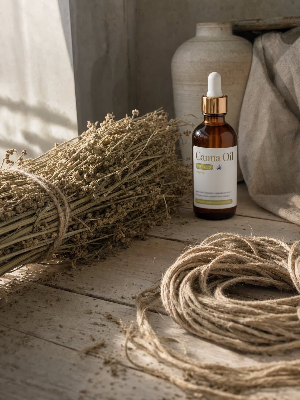 A bundle of tall dried hemp stalks and a coil of raw hemp rope across pale timber, the bottle standing beside them.