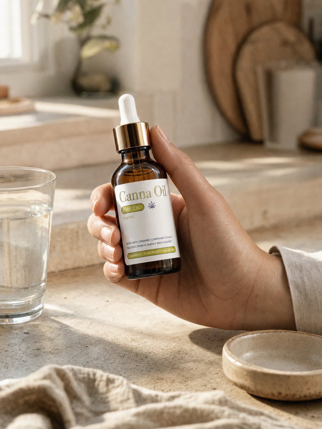 A hand lifting the bottle from a bright kitchen counter, a glass of water and a shallow ceramic dish beside it.