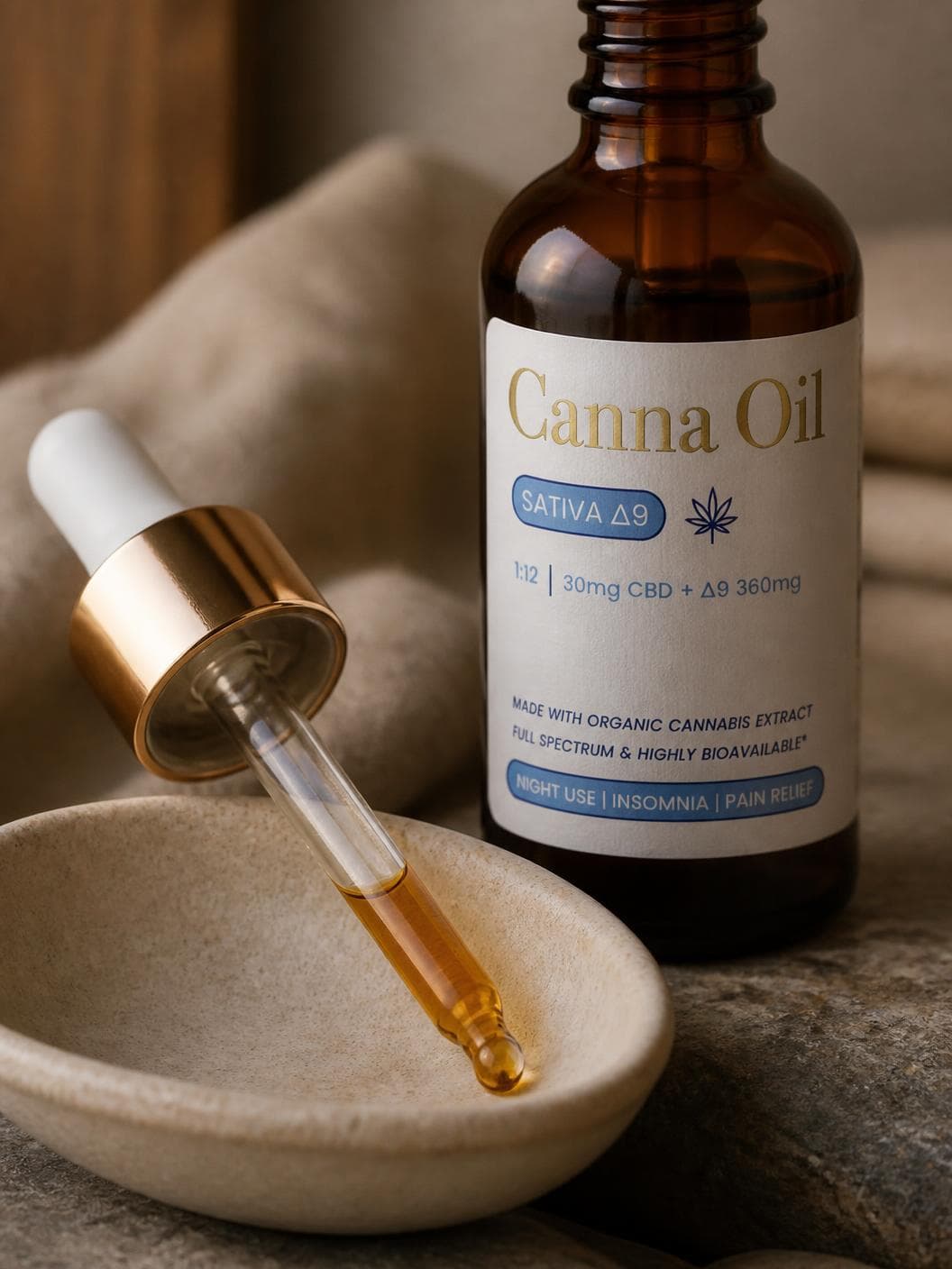 Close on the glass pipette lying across a shallow ceramic dish, a bead of amber oil at its tip, the labelled bottle standing behind.