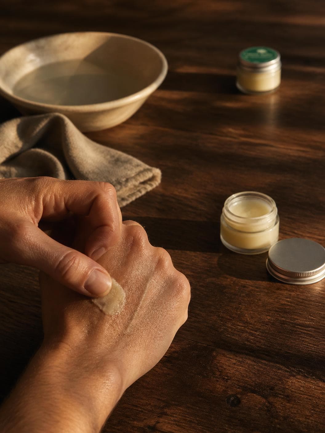 Two hands over a dark oiled walnut bench in low afternoon light, a thumb working a small amount of pale balm into the back of the other hand near the knuckles, an open glass jar of balm and its silver lid lying face-down on the bench to the right, a second closed jar with a deep green lid label out of focus behind, and a shallow pale bowl of water and a folded sand-coloured cloth at the top left.