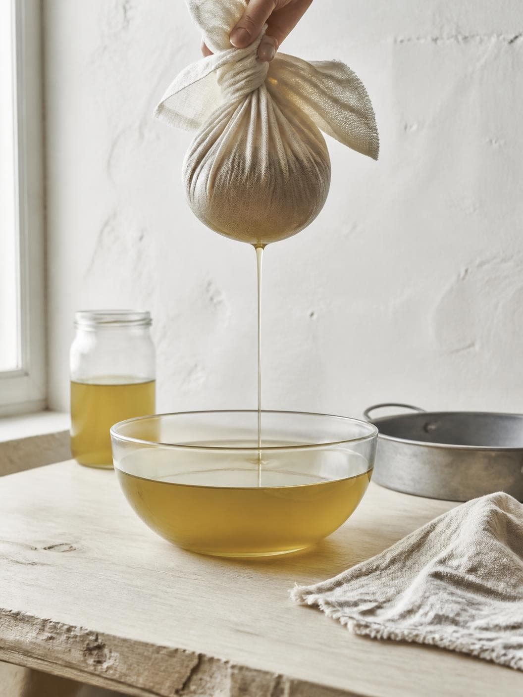 A hand at the top of the frame squeezing a closed twisted bundle of undyed cotton muslin over a wide glass bowl of cloudy golden oil, a thin thread of oil running from the point of the bundle into the bowl, a plain glass jar of the same oil and a battered steel pan on the pale timber behind, a whitewashed wall and a window at the left.