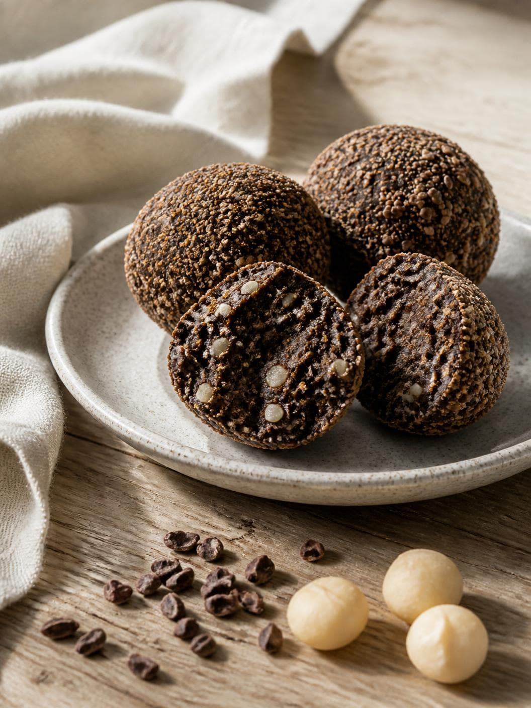 Three dark, coarsely crusted balls on a cream stoneware plate, the front one cut open to show dense dark paste flecked with pale nut, with cracked cacao nibs and three whole macadamias scattered on the timber in front and linen bunched behind.