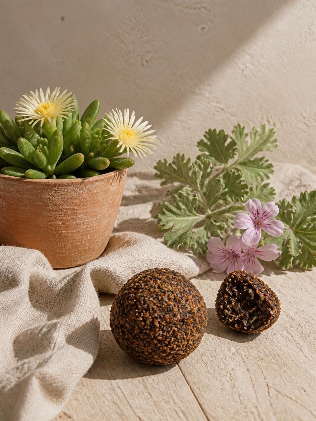 A small terracotta pot of a plump-leaved succulent with two open cream flowers, a cut sprig of crinkled, deeply lobed grey-green leaves and one pale pink flower laid on the linen beside it, and two dark crusted balls on the bare timber in front, in warm side light.