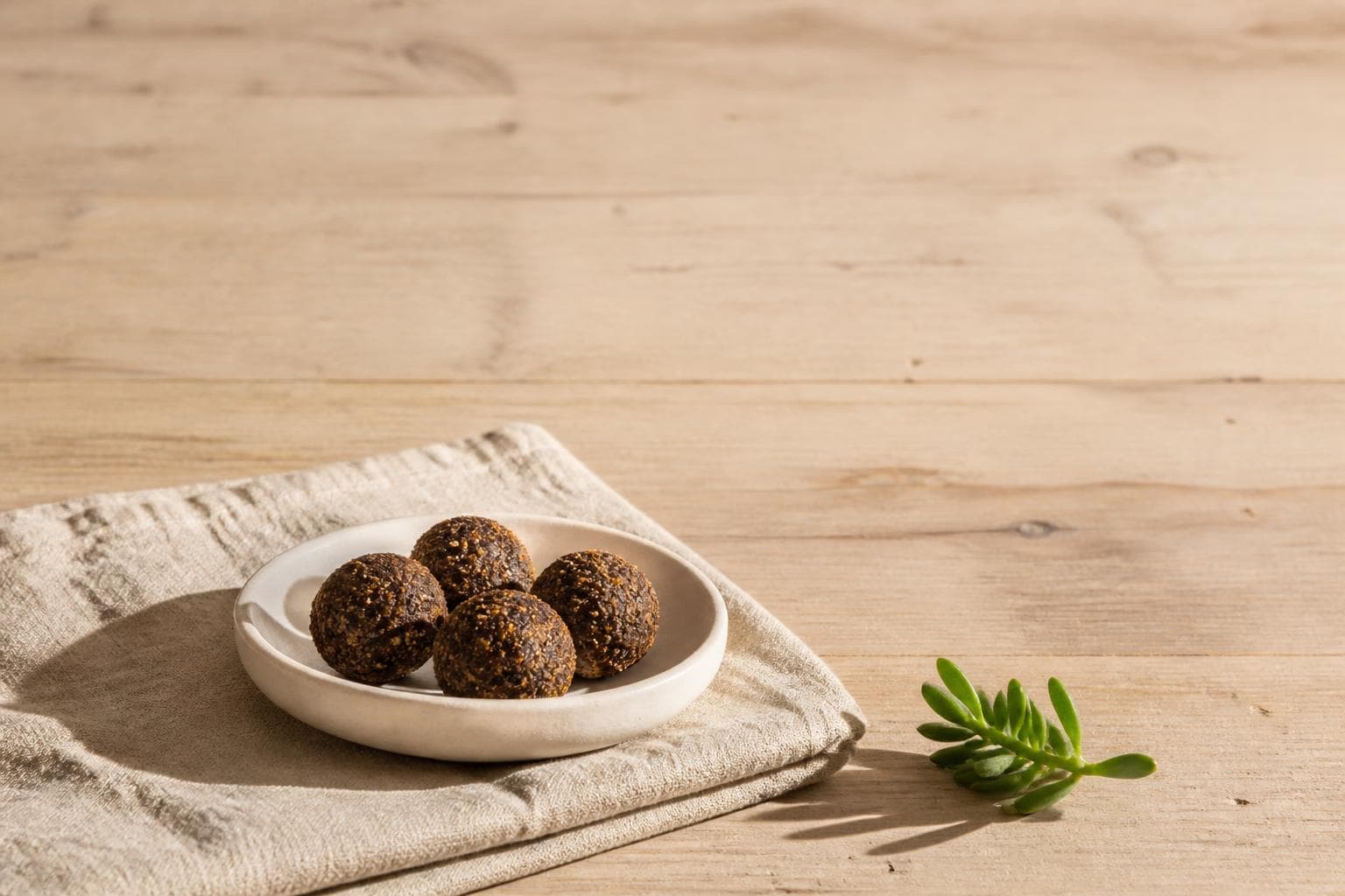 Pale timber boards in low afternoon sun with a wide bare expanse above: a shallow cream ceramic plate low at the left holding a small heap of dark, coarsely crusted balls, set on a folded linen cloth, and a short green succulent sprig lying on the wood to its right.