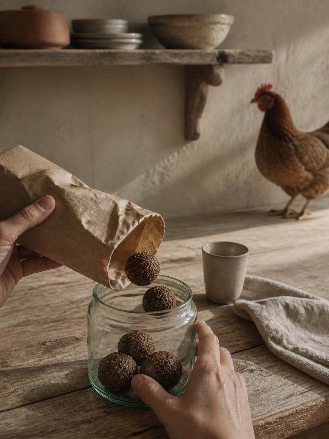 Two hands at a worn kitchen counter tipping dark crusted balls out of a plain brown paper packet into a squat glass jar, three already in the bottom of it, a stoneware cup and folded linen beside, a shelf of plain crockery above and a brown hen standing on the counter behind.