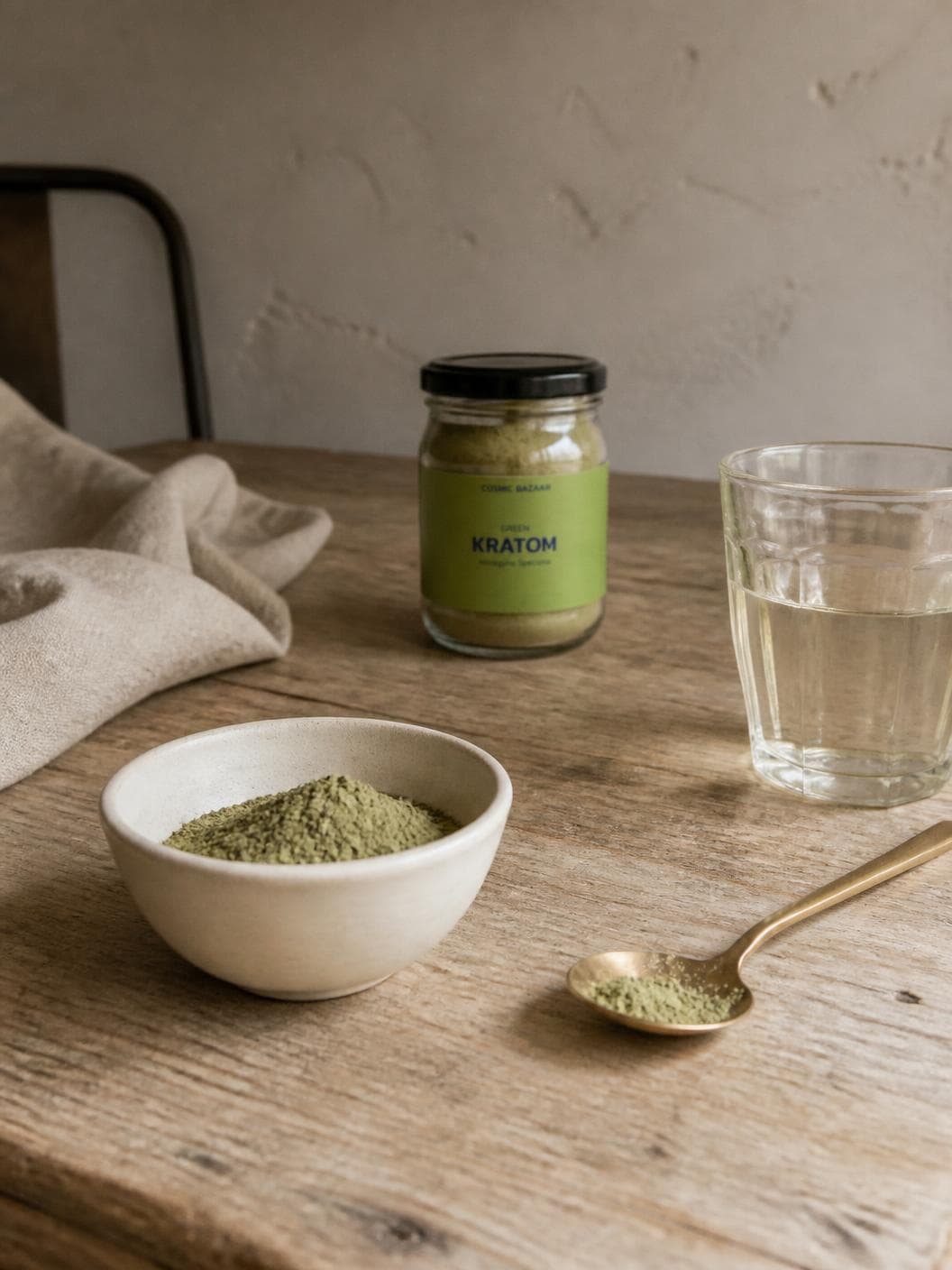 A worn timber kitchen table in late-morning light: a cream ceramic bowl of pale sage-green powder in the foreground, a brass spoon holding a little of it, a glass of water, and the labelled jar standing further back against a plastered wall.