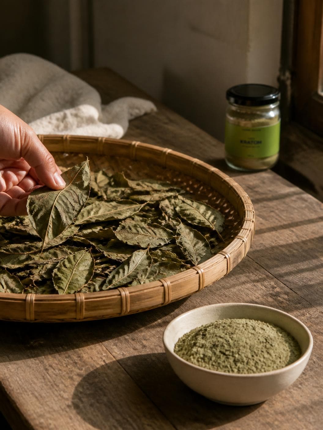 A wide woven drying tray of whole dried leaves gone olive-brown and brittle, a hand lifting one clear of the pile, a cream ceramic bowl of milled powder in front of it and the labelled jar small and out of focus by the window behind.