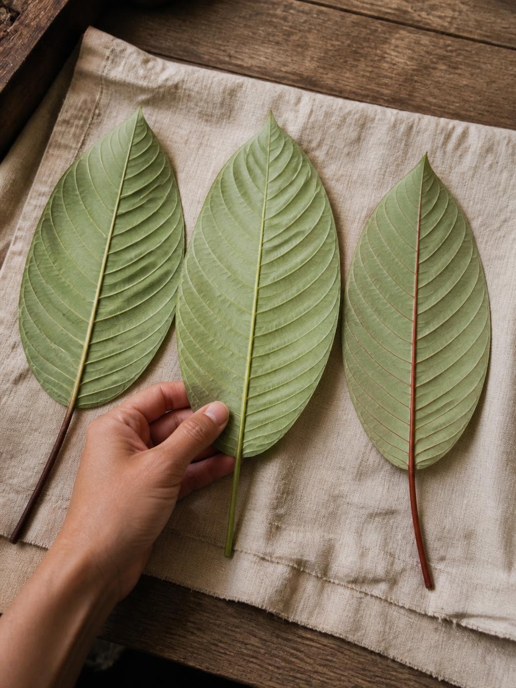 Three fresh kratom leaves laid side by side underside-up on linen over a timber bench, a hand holding the middle one flat. Two have pale green midribs; the third runs a clear red-brown from stalk to tip.