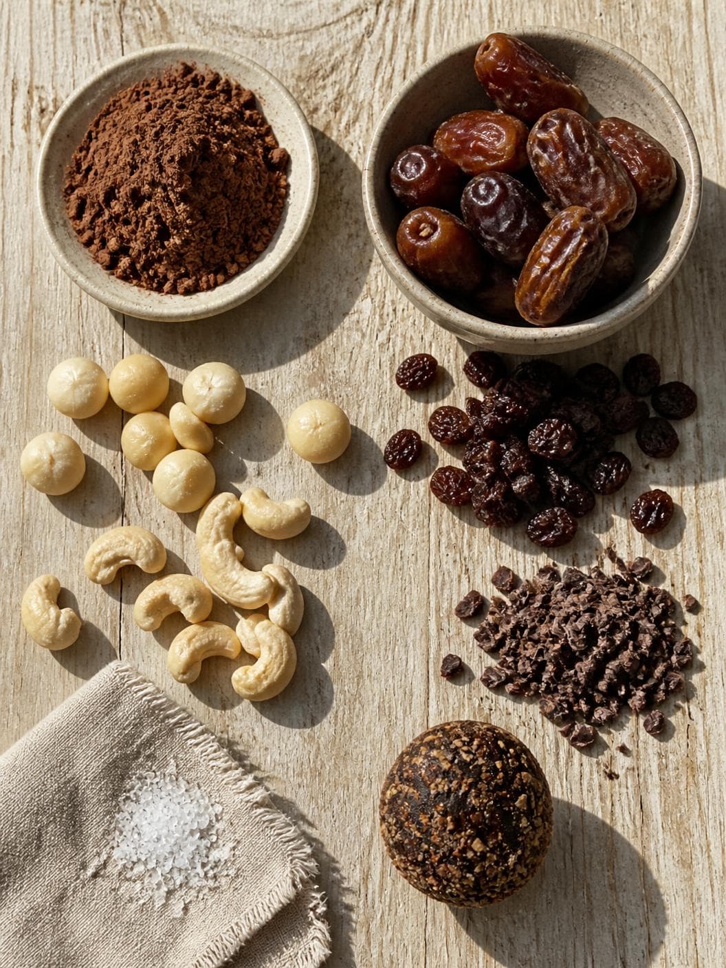 Seen from above on pale weathered timber: a dish heaped with dark cacao powder and a bowl of glossy whole dates at the top, round pale macadamias and curled cashews spread below them, a scatter of dark raisins, a heap of cracked cacao nibs, coarse white salt on a folded linen cloth at the lower left, and one finished dark studded ball at the lower right.