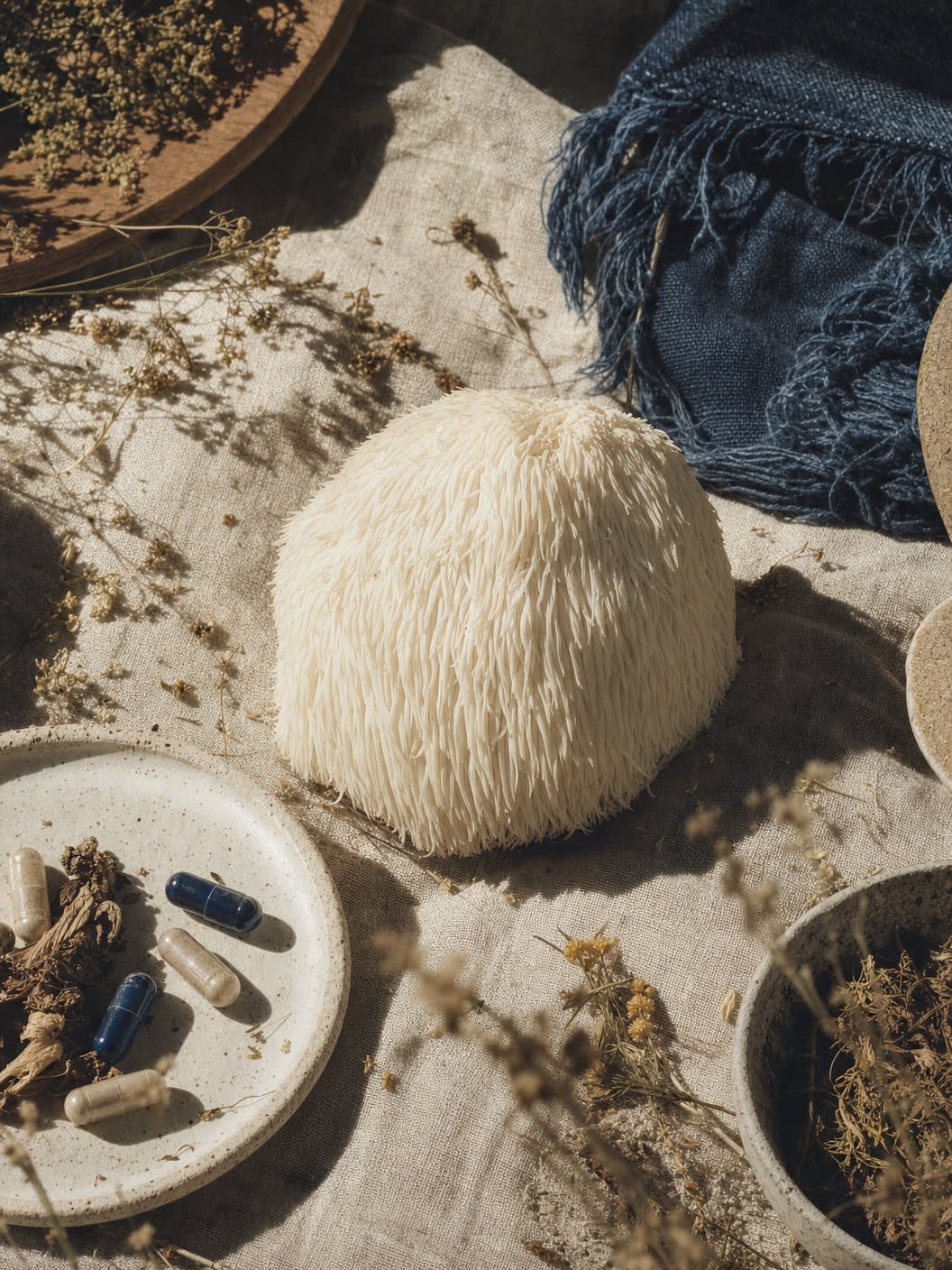 A lion's mane mushroom on rumpled linen, dried herbs around it, hard afternoon sun.
