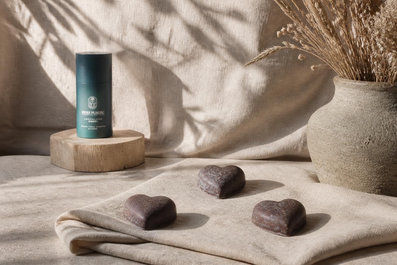 A petrol blue-green paper tube standing on an octagonal timber block at the left, a crumpled cream linen backdrop behind it carrying the shadow of a palm frond, a rough stone jug of dried grasses at the right, and three dark chocolate hearts lying apart on a folded linen cloth in front.
