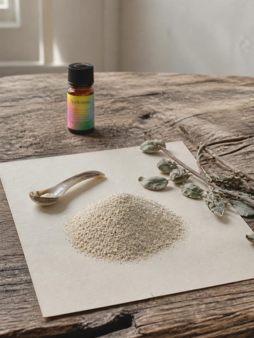 A sheet of cream paper on a weathered timber table holding a low heap of pale granular powder, a horn spoon with a pinch of it in the bowl, dried grey-green stems along one edge, the vial standing behind and out of focus.