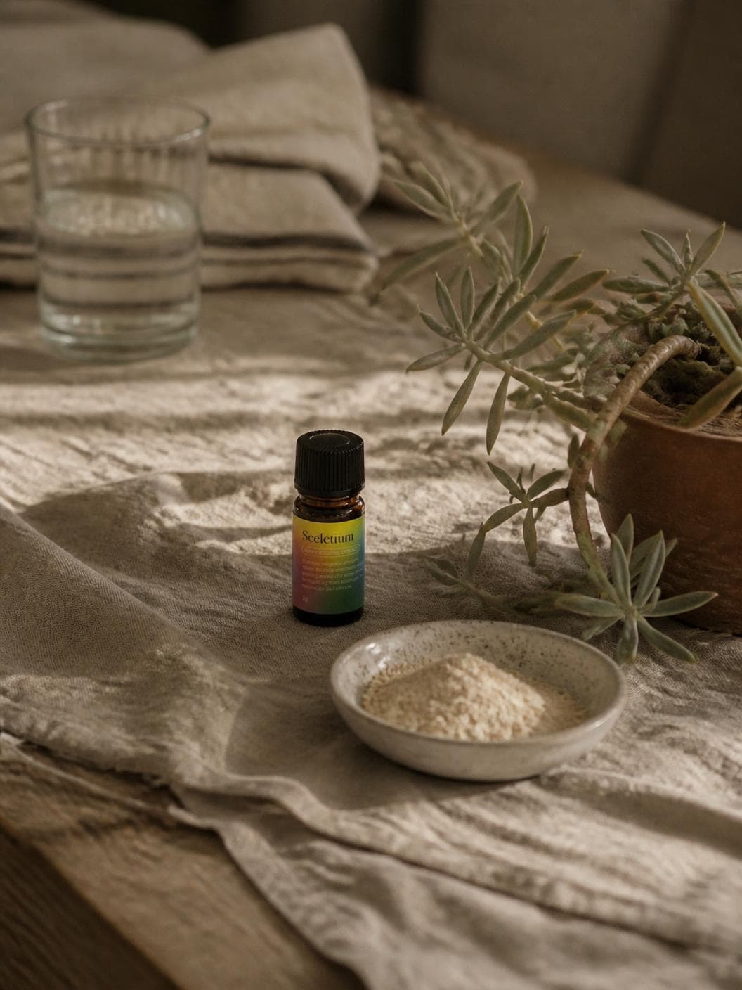A linen-covered table in low afternoon light: the small amber vial standing beside a shallow ceramic dish of pale powder, a potted succulent leaning in from the right, a glass of water behind.