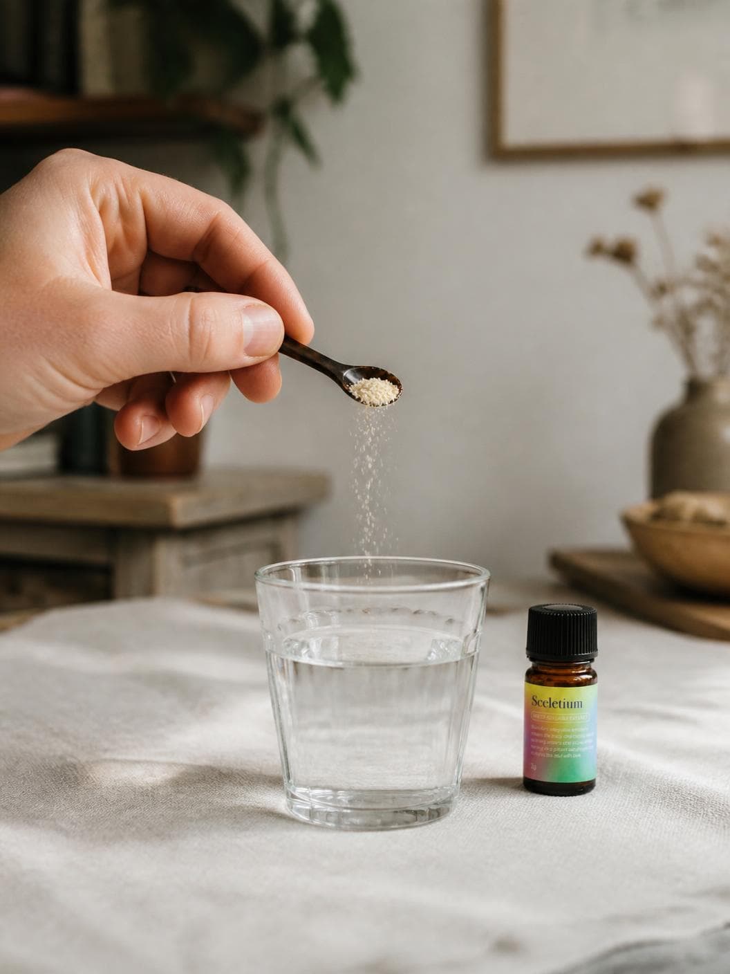 A hand holding a small dark spoon above a glass of water, a thin scatter of pale grains falling from it, the vial standing on the linen beside the glass.