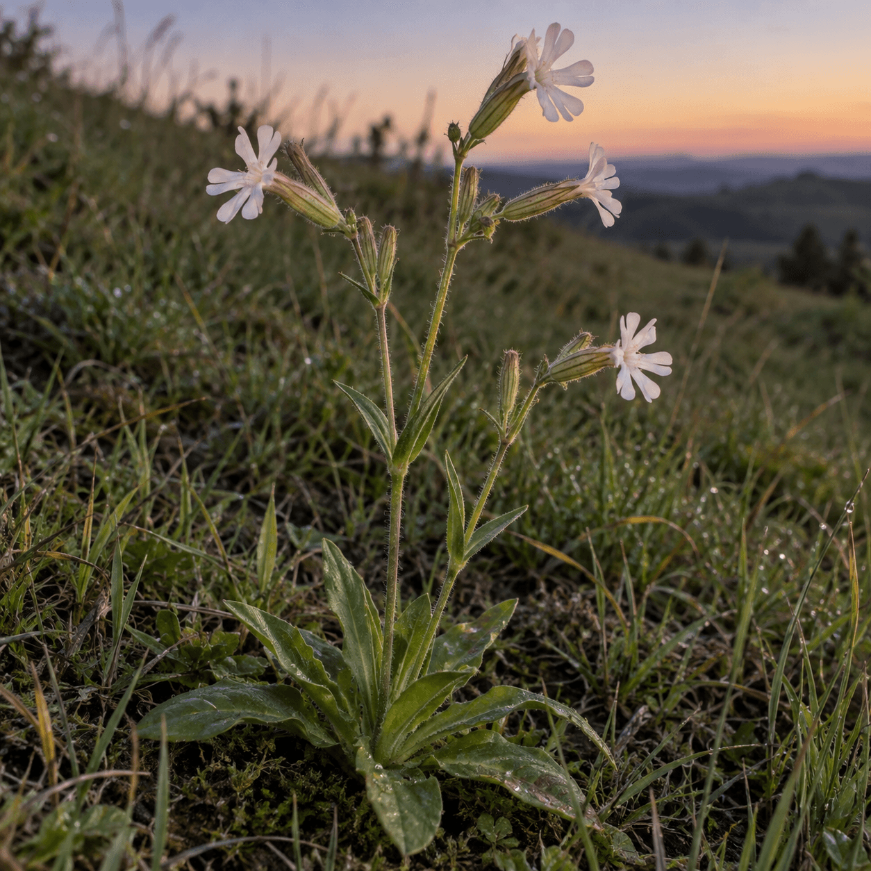 A small Silene plant with pale notched flowers growing on a grassy slope at dusk.