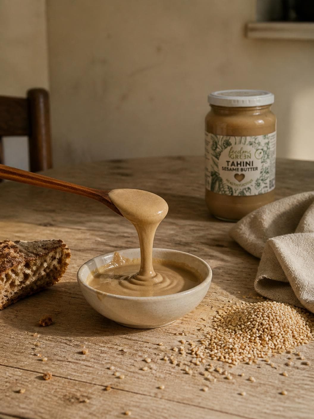 A worn timber kitchen table in low sun: a wooden spoon lifted over a small cream ceramic bowl of pale tahini, a thick ribbon of it falling back into the bowl, a torn heel of dark bread beside it, sesame seeds scattered across the boards and the jar standing back against a plastered wall.