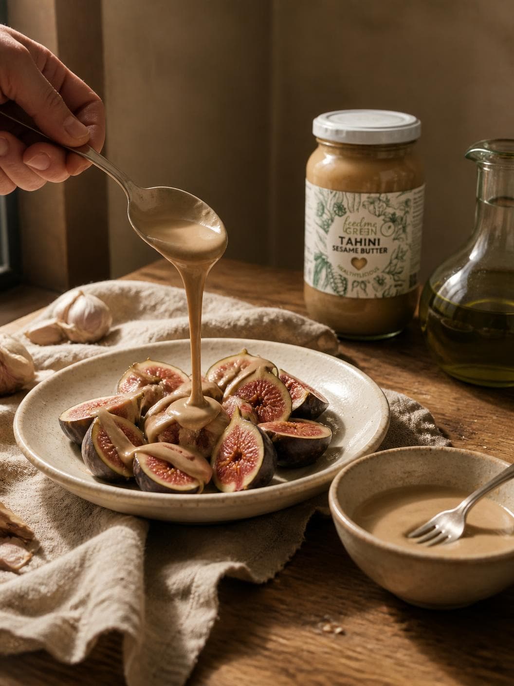 A hand drizzling tahini from a spoon over a shallow plate of fresh figs halved to show their pink centres, with a small ceramic bowl of loosened dressing and a fork, a glass cruet of olive oil, and a head of garlic on the linen behind.