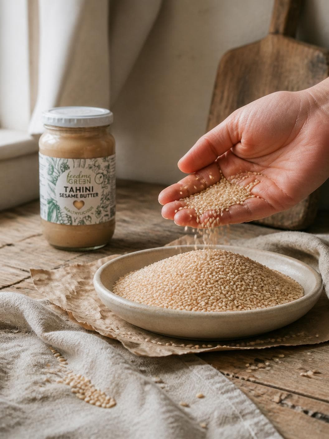 A hand tipping a thin stream of pale sesame seeds from a cupped palm back into a shallow cream ceramic dish already heaped with them, on torn brown paper over crumpled linen, the jar standing behind on the timber by a window.